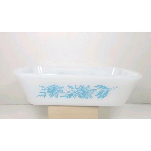 Vintage Glasbake Blue /teal/ turquoise Thistle Milk Glass Loaf Pan J-522 - Picture 1 of 7